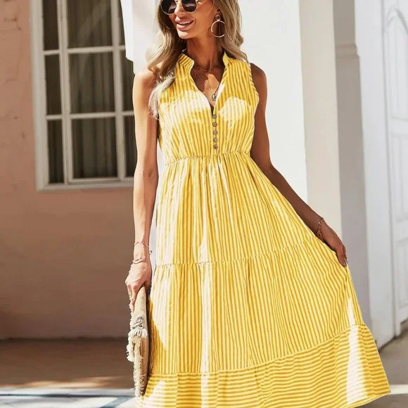 Yellow Boho Womens Striped Print Notched Neck A-line Dress - Picture 3 of 5